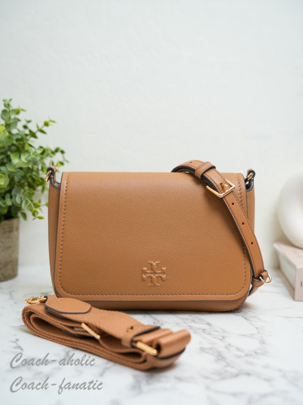 Tory Burch Thea Pebbled Leather Flap Crossbody Shoulder Bag in Tiramisu NWT